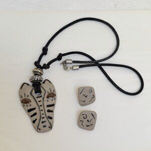 Vintage Clay Cat Head Calderon Signed Necklace Clip On Earrings Set Gift